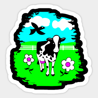 Happy Cow in Flowered Pasture Sticker